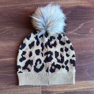 J. Crew Factory Leopard Print Beanie with Faux Fur Pom
